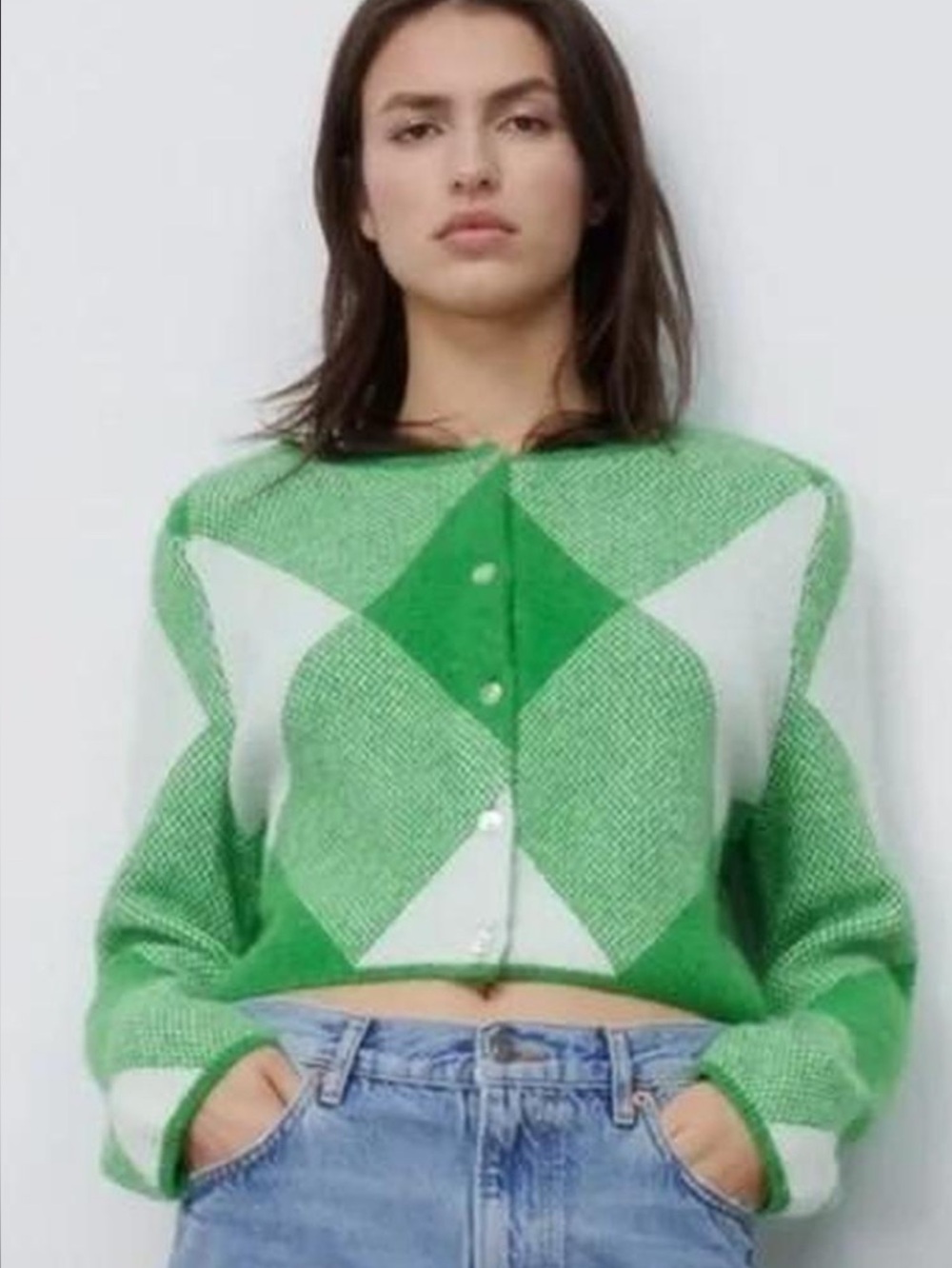 Zara Argyle Knit Green & White Cropped Cardigan Sweater Size Medium